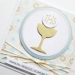 Kartka PAMIĄTKA I KOMUNII beżowo-niebieska - Kartka na Komunię z kielichem