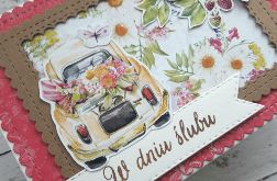 Kartka ślubna z samochodem i kwiatami 2