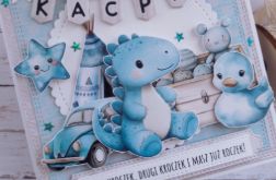 Kartka na roczek dla chłopczyka z dinozaurem, personalizacja