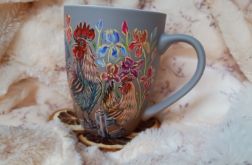 Kubek retro kogucik kurka i irysy ręcznie malowany 300 ml.