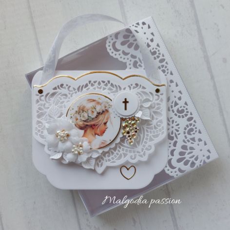 Kartka w kształcie torebki Pierwsza Komunia Święta