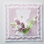 Kartka PAMIĄTKA CHRZTU z chrzcielnicą #1 - Biało-różowa kartka na Chrzest z chrzcielnicą