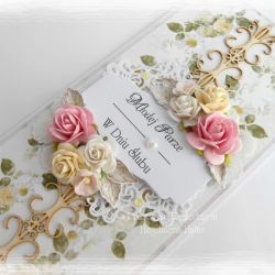 Kartka ślubna w pudełku DL kremowo różowa