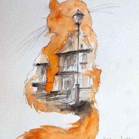 "Home" akwarela artystki Adriany Laube - obraz A3, kot, kamieniczka