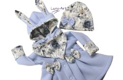 Komplet płaszczyk z uszkami czapka chustka błękit r.92/98