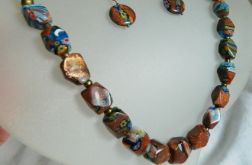 Piasek pustyni i Millefiori, oryginalny zestaw biżuterii, naszyjnik i kolczyki