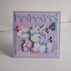 Kartka na urodziny roczek jednorożec z babeczką