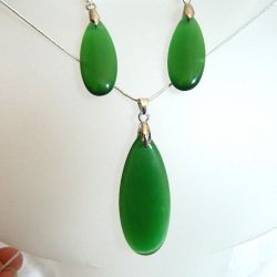 Kwarc kocie oko, duże łezki w srebrze, elegancki zestaw biżuterii