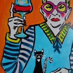 kolorowy obraz babcia z winem i kotem