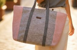 Duża shopperka z szarej plecionki i pudroworóżowej bukli - unikat handmade