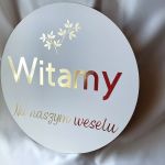 Okrągła weselna tablica powitalna złote napisy glamour - okrągła tablica ślubna