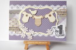Kartka na roczek z praniem fioletowa