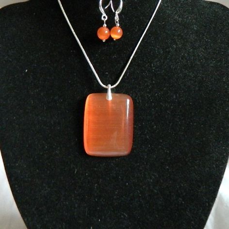 Pomarańczowy kwarc kocie oko, wisior i kolczyki, srebro