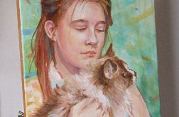 Portret dziewczyny z kotem, obraz na płótnie na zamówienie malowany na podstawie zdjęcia