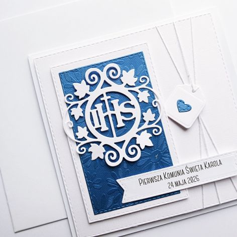 Elegancka kartka na Komunię biało-granatowa