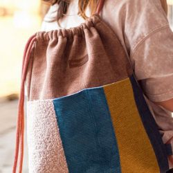 Patchworkowy pudroworóżowy workoplecak z kieszeniami