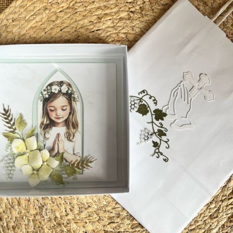 230,Kartka na komunię w pudełku dla dziewczynki z torebką 