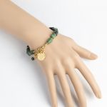 Bransoletka zoisyt, larvikit stal pozłacana, zawieszka talizman Hamsa M/L - Bransoletka zoisyt, larvikit stal pozłacana, zawieszka talizman Hamsa M/L
