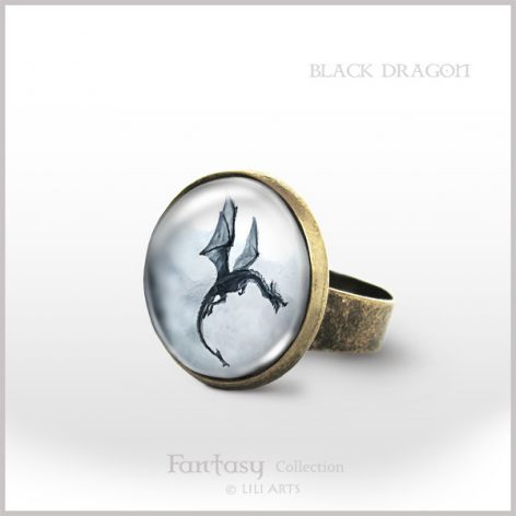 Pierścionek - Black Dragon - Czarny smok - antyczny brąz