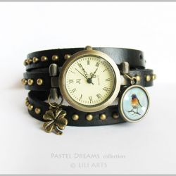 Bransoletka, zegarek - Kolorowy ptak - czarny, nity, skórzany
