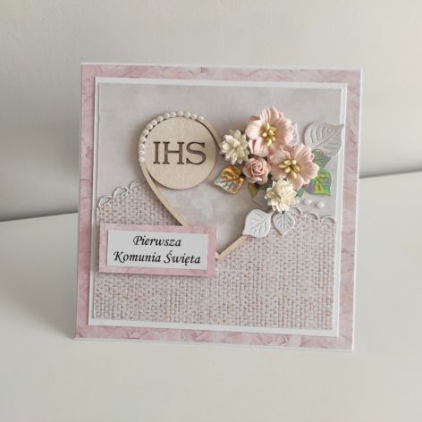 Kartka ręcznie robiona Komunia Święta serce z kwiatami IHS