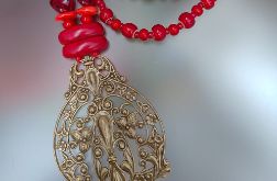 Naszyjnik Czerwony Vintage Z Zawieszka Dużą Wisior Floral 25.160