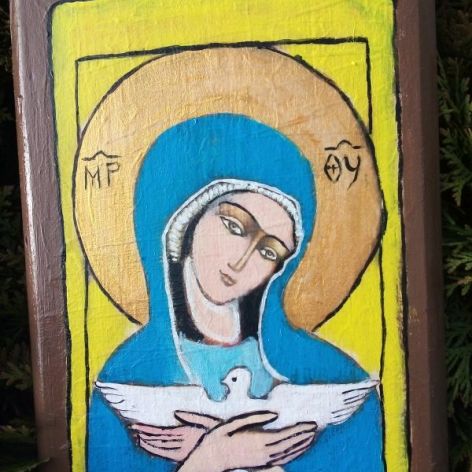 Ikona na desce - Matka Boża z gołąbkiem