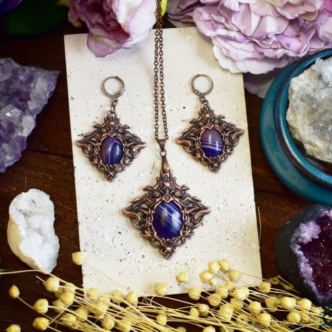 Wiktoriański miedziany zestaw - kolczyki i wisiorek z fioletowym agatem #S6