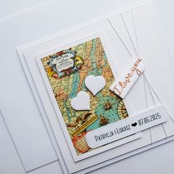 Kartka ślubna romantyczna z mapą i sercami 