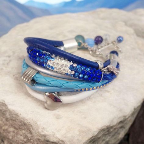 Bransoletka rzemykowa niebieska cyrkonie