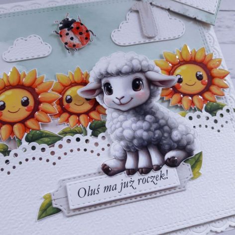 [Zamówiona] Kartka na roczek dla chłopczyka z uroczą owieczką