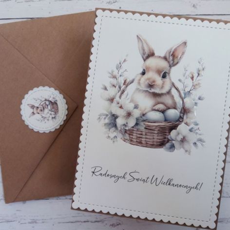 Zestaw 4 kartek wielkanocnych z życzeniami „Króliczki w koszyczkach”