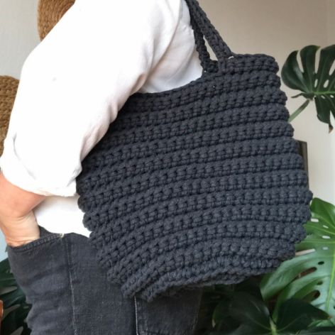 Torebka damska,na ramię, koszyk z sznurka,grafitowa.