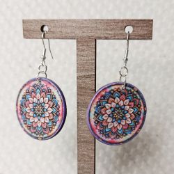 Kolczyki decoupage drewniane koła mandala fioletowa