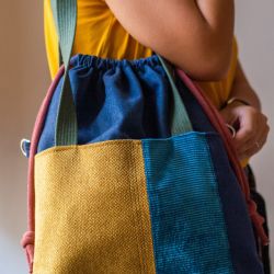 Niebiesko-miodowa patchworkowa torba z kominem do wózka