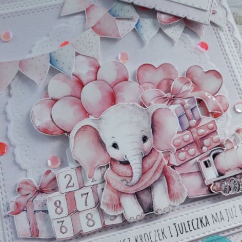 Kartka na roczek dla dziewczynki ze słonikiem, personalizacja