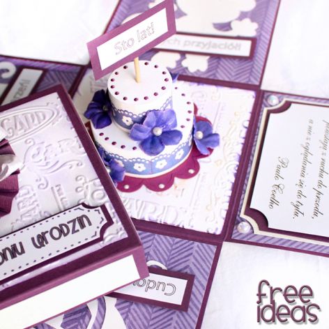 Kartka urodzinowa - fioletowo biały exploding box z tortem