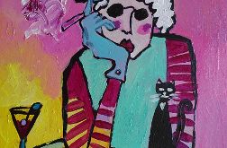 obraz olejny dama z kotem i papierosem
