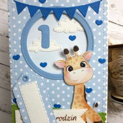 Kartka na roczek z żyrafą dla chłopczyka
