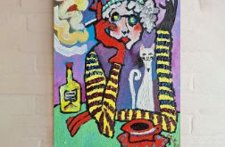 obraz olejny koty i babcia obmyślają spisek