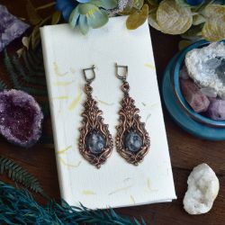 Wiktoriańskie miedziane wiszące kolczyki z kamieniem / larvikit #001