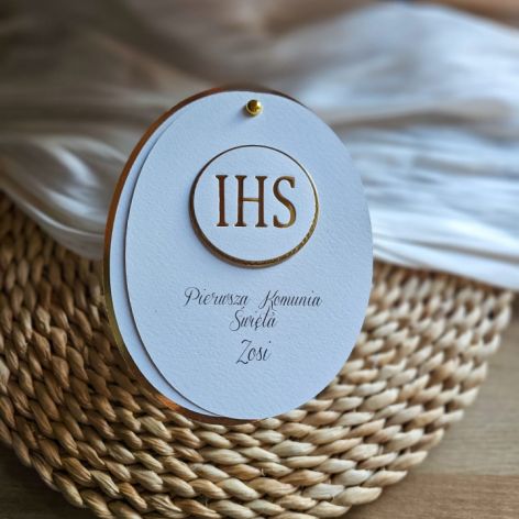 Zaproszenie na Pierwszą Komunię Świętą – Owalne, ze Złotymi Zdobieniami 