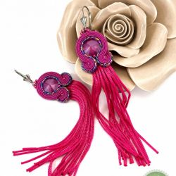 Intensywnie różowe kolczyki sutasz/soutache, bardzo długie chwosty, wiszące, bigle stal chirurgiczna  