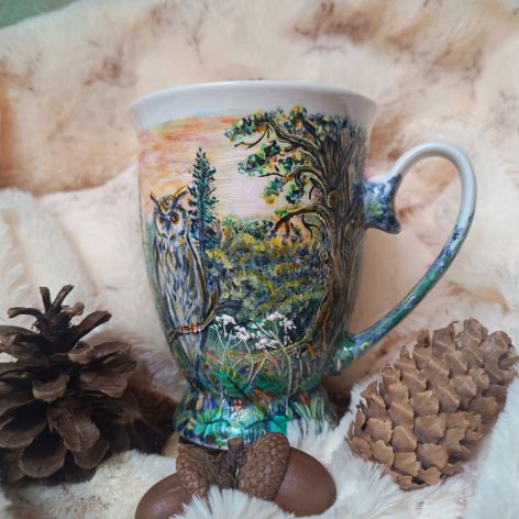 Ręcznie malowany kubek sowa i baśniowy las 300 ml.
