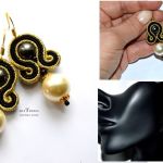 perły kolczyki sutasz,złoto i czarny - sutasz kolczyki  perłami swarovski