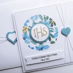 Kartka na Komunię pamiątka niebieska handmade