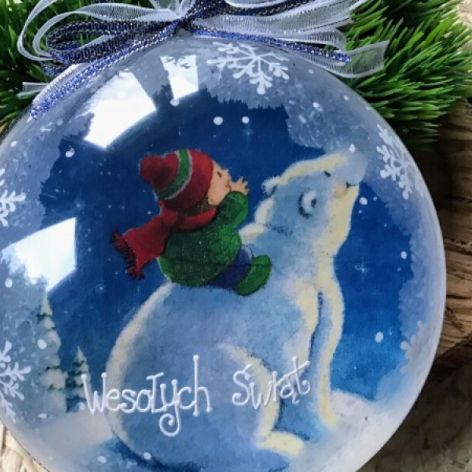 065,Bombka decoupage z misiem i kolędą