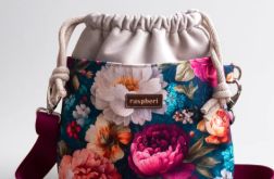 Listonoszka z kominem z weluru ecru i turkusowych peonii – handmade, unikat