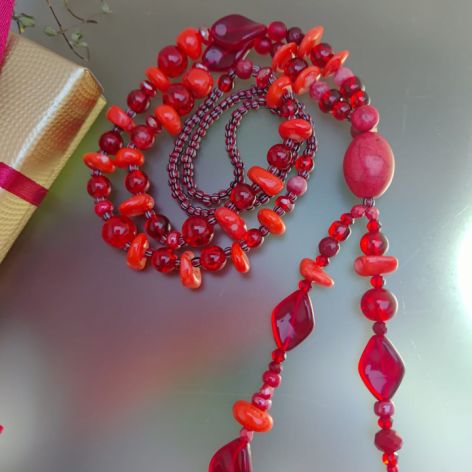 Naszyjnik Czerwone Korale Długie Koral Koralowiec Perły