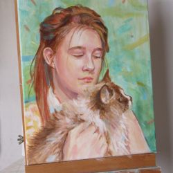 Portret dziewczyny z kotem, obraz na płótnie na zamówienie malowany na podstawie zdjęcia